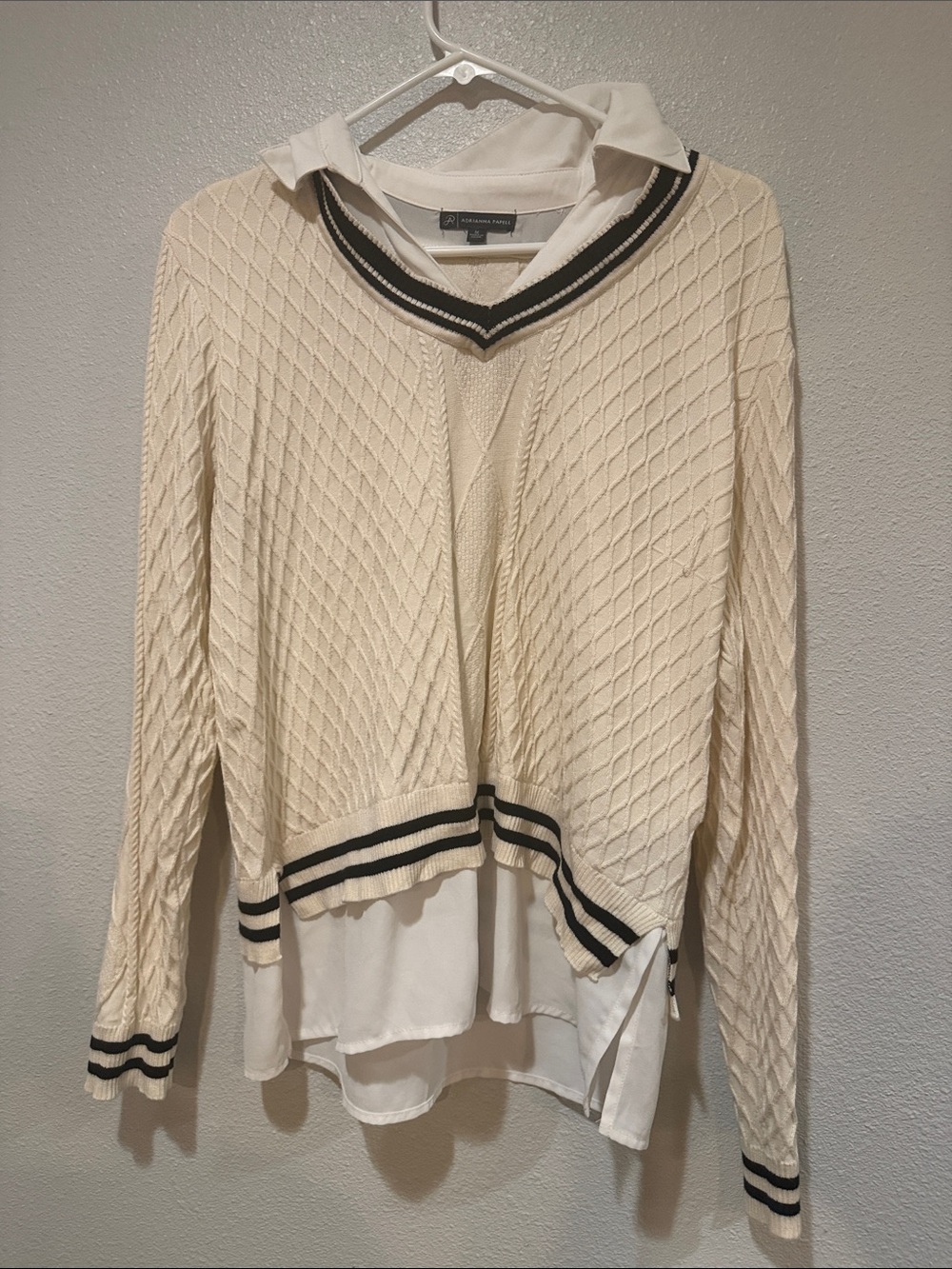 Adrianna Papell Cream V-Neck Cable-Knit Sweater with Black Stripe Trim